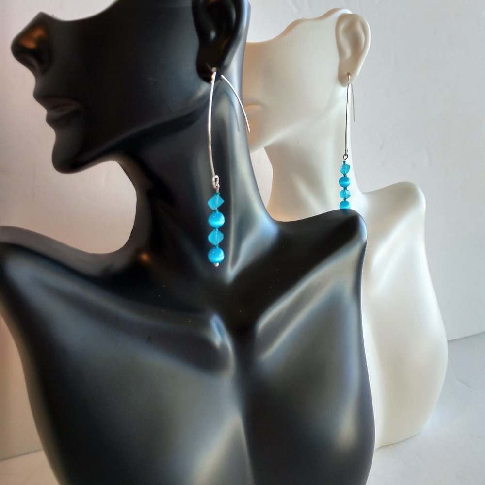 Aqua Blue Agate Earrings On Silver Plated Boomerang Wires 2.75 Inches Handmade